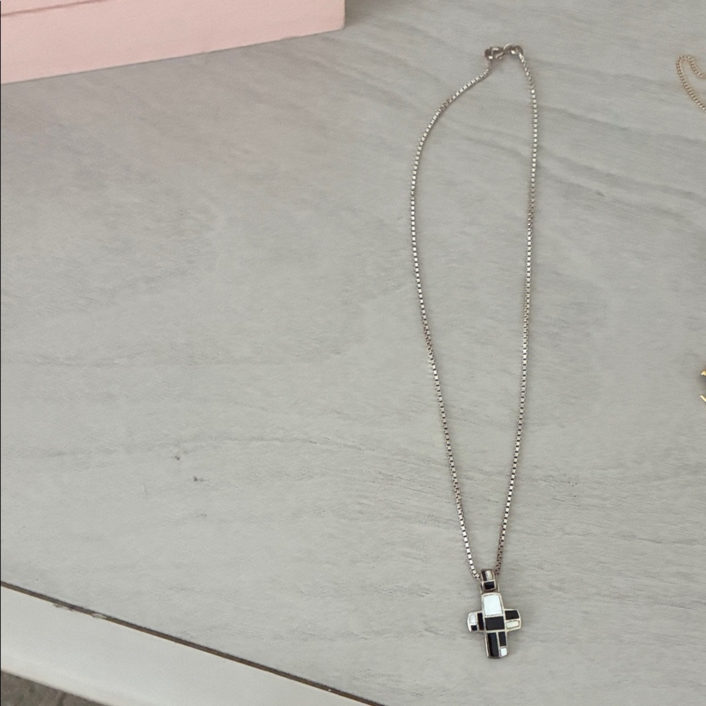 Elegant Silver Cross Necklace onyx and mother of pearl.